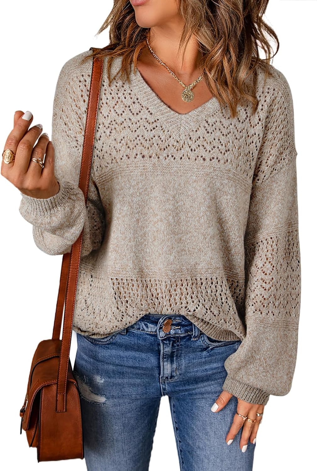 Womens Sweaters Causal Long Sleeve V Neck Lightweight Corchet Pullover Sweater Tops