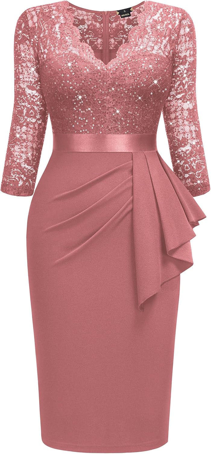 Miusol Women's Retro V Neck Floral Lace Ruffle Style Cocktail Party Dress