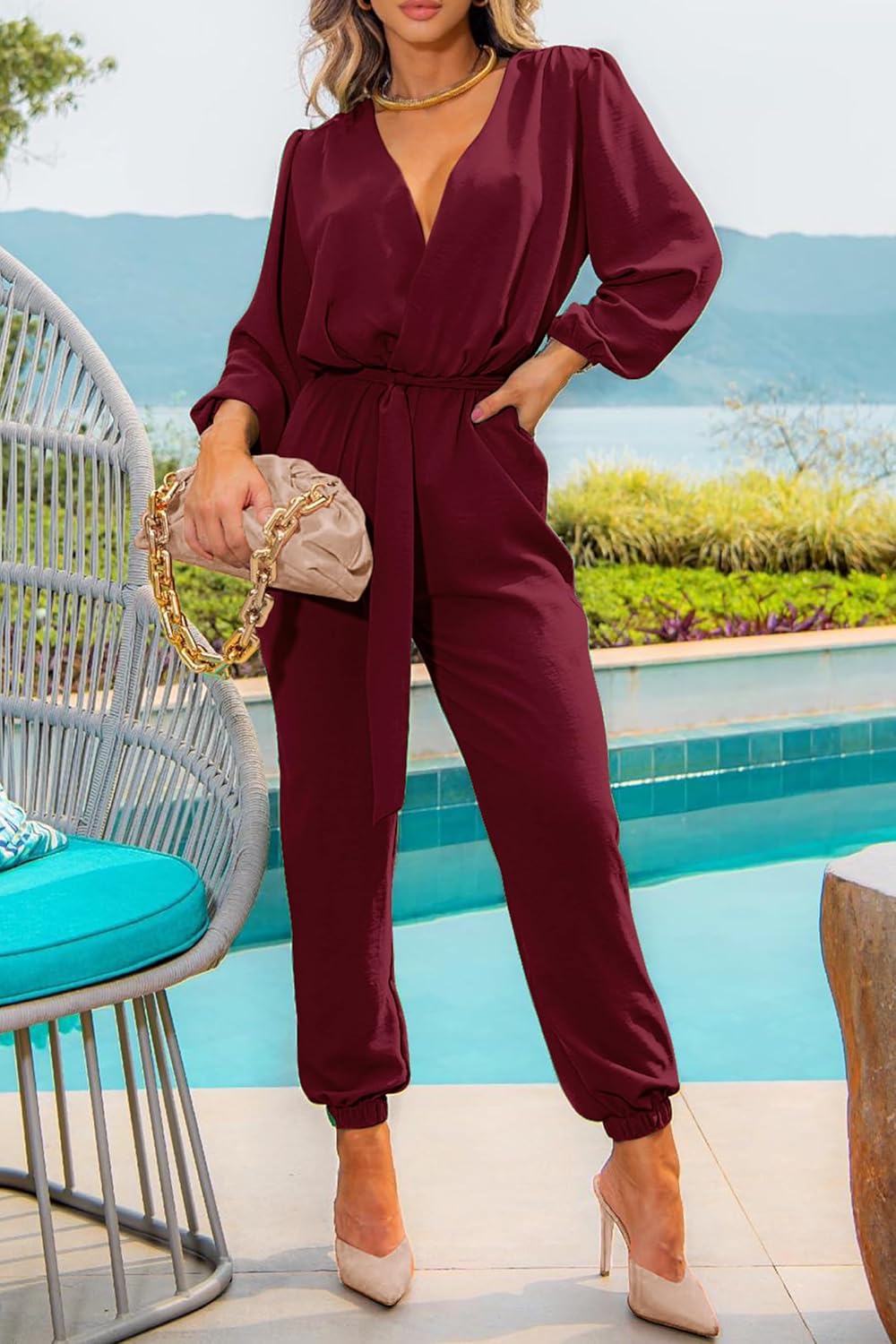 PRETTYGARDEN Women's Fall Jumpsuits Dressy Casual Pants Romper Spring Long Sleeve V Neck Belt Pockets One Piece Outfits