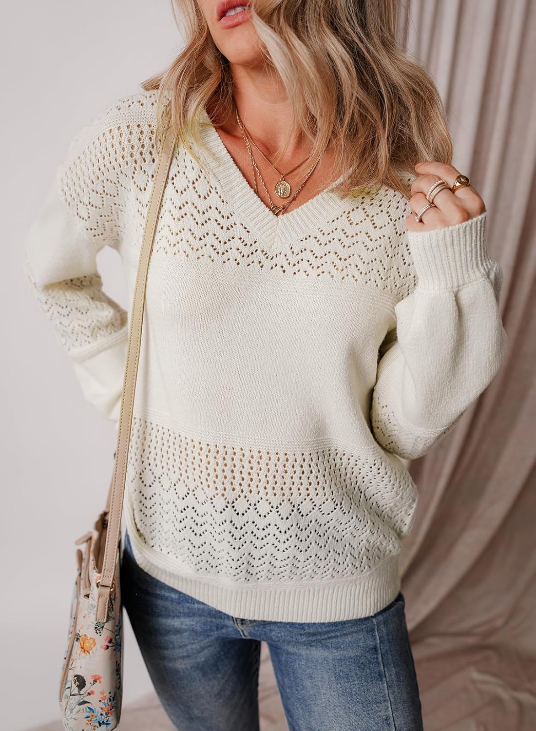 Womens Sweaters Causal Long Sleeve V Neck Lightweight Corchet Pullover Sweater Tops