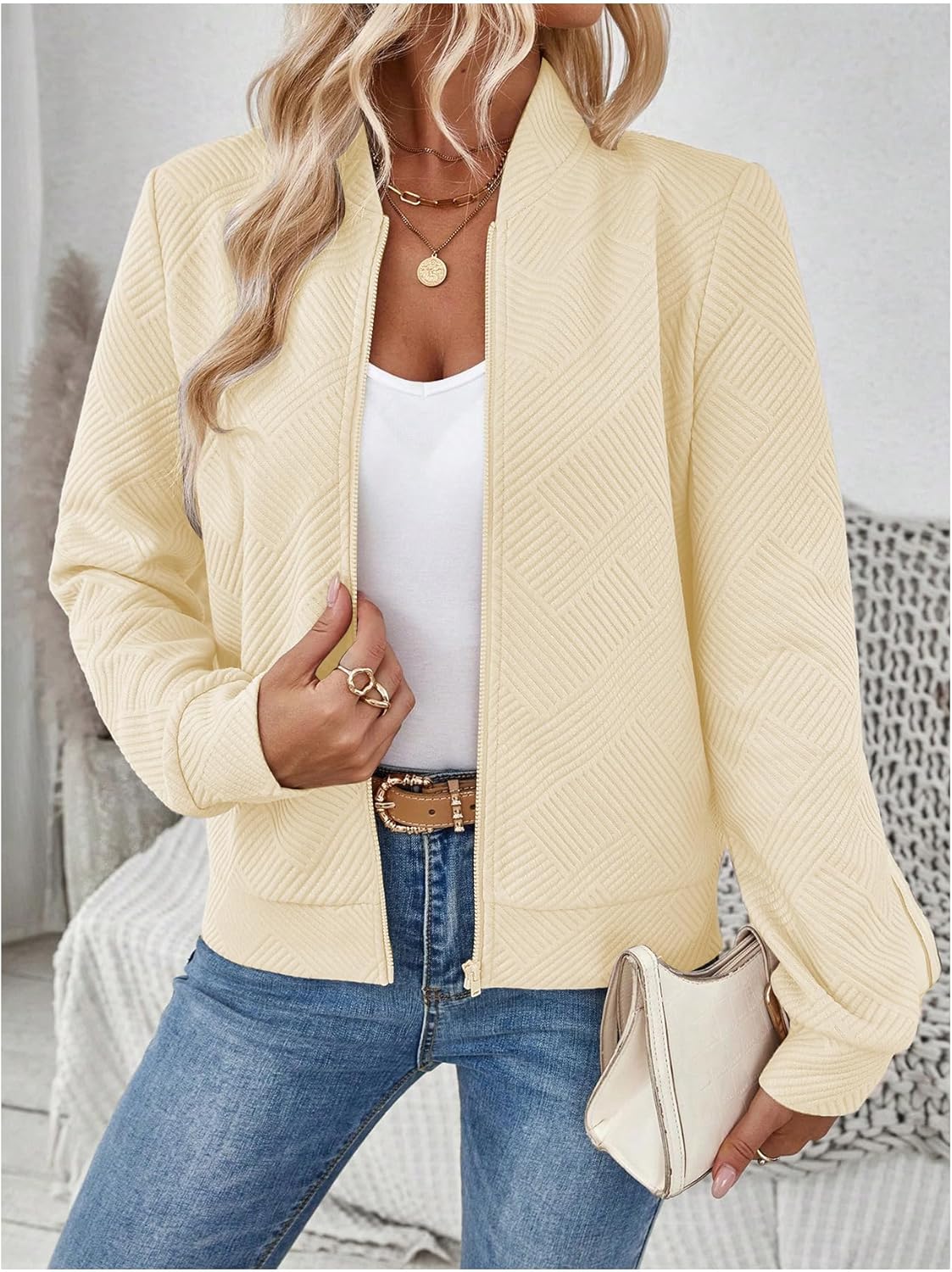 Verdusa Women's Zip Up Textured Lightweight Bomber Jacket Casual Long Sleeve Outerwear