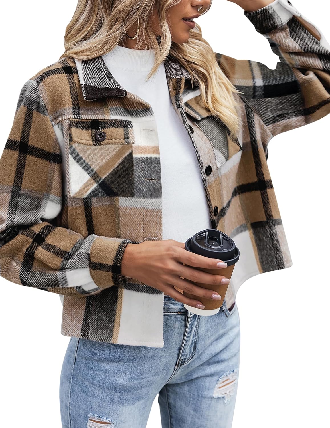 ZEAGOO Jackets for Women Cropped Flannel Plaid Shacket 2025 Fashion Button Down Shirt Coats Tops