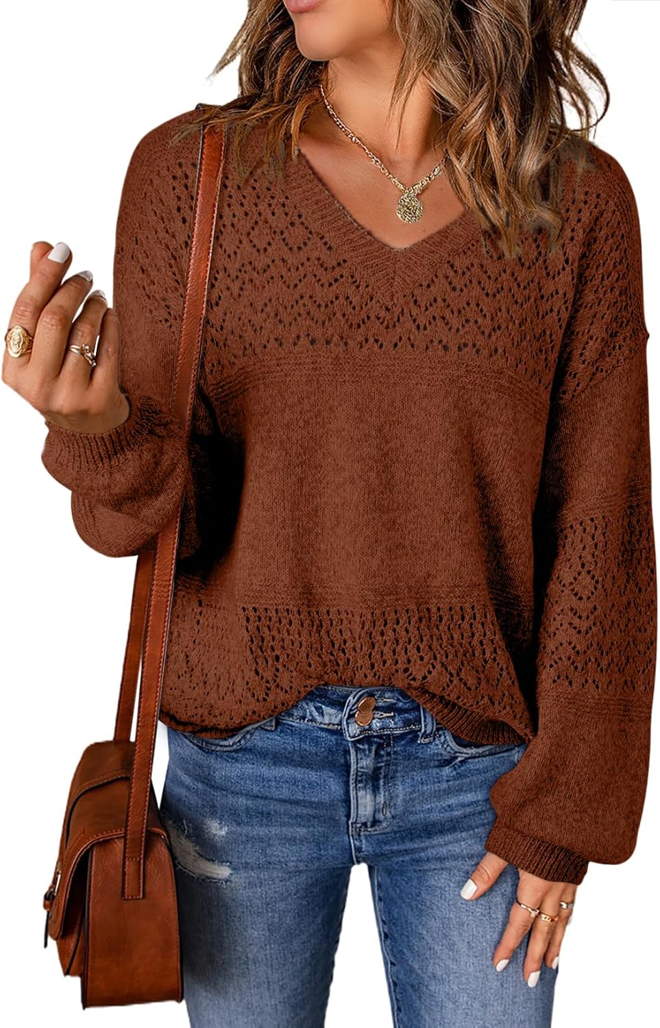 Womens Sweaters Causal Long Sleeve V Neck Lightweight Corchet Pullover Sweater Tops