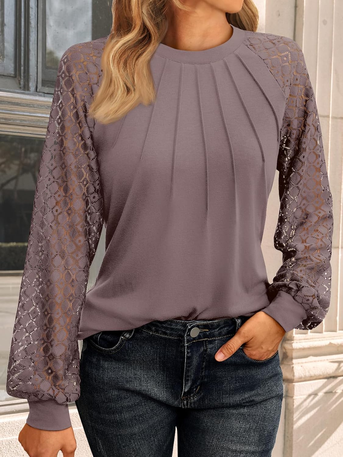 AUTOMET Womens Long Sleeve Shirts Pleated Lace Tops Fall Fashion Outfits Business Casual Blouses