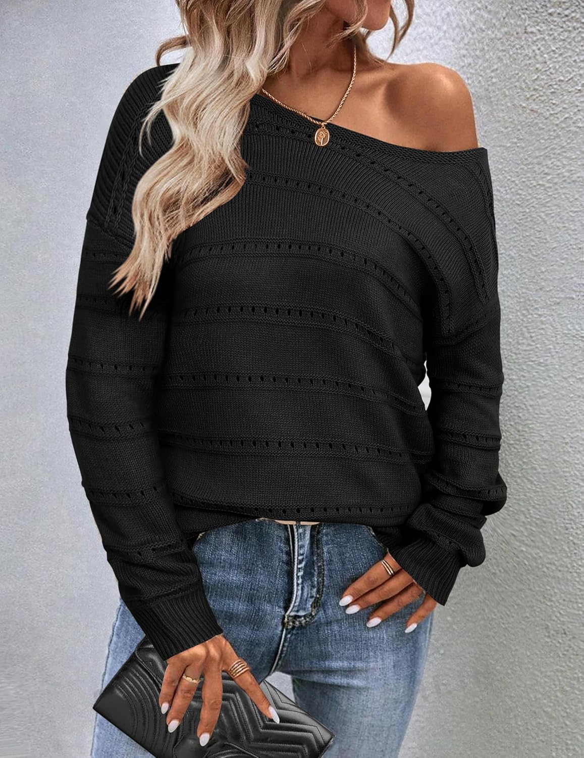 Zeagoo Womens Sweaters Cute Long Sleeve Off The Shoulder Pullover Tops Hollow Out Crochet Dressy Casual Outfits