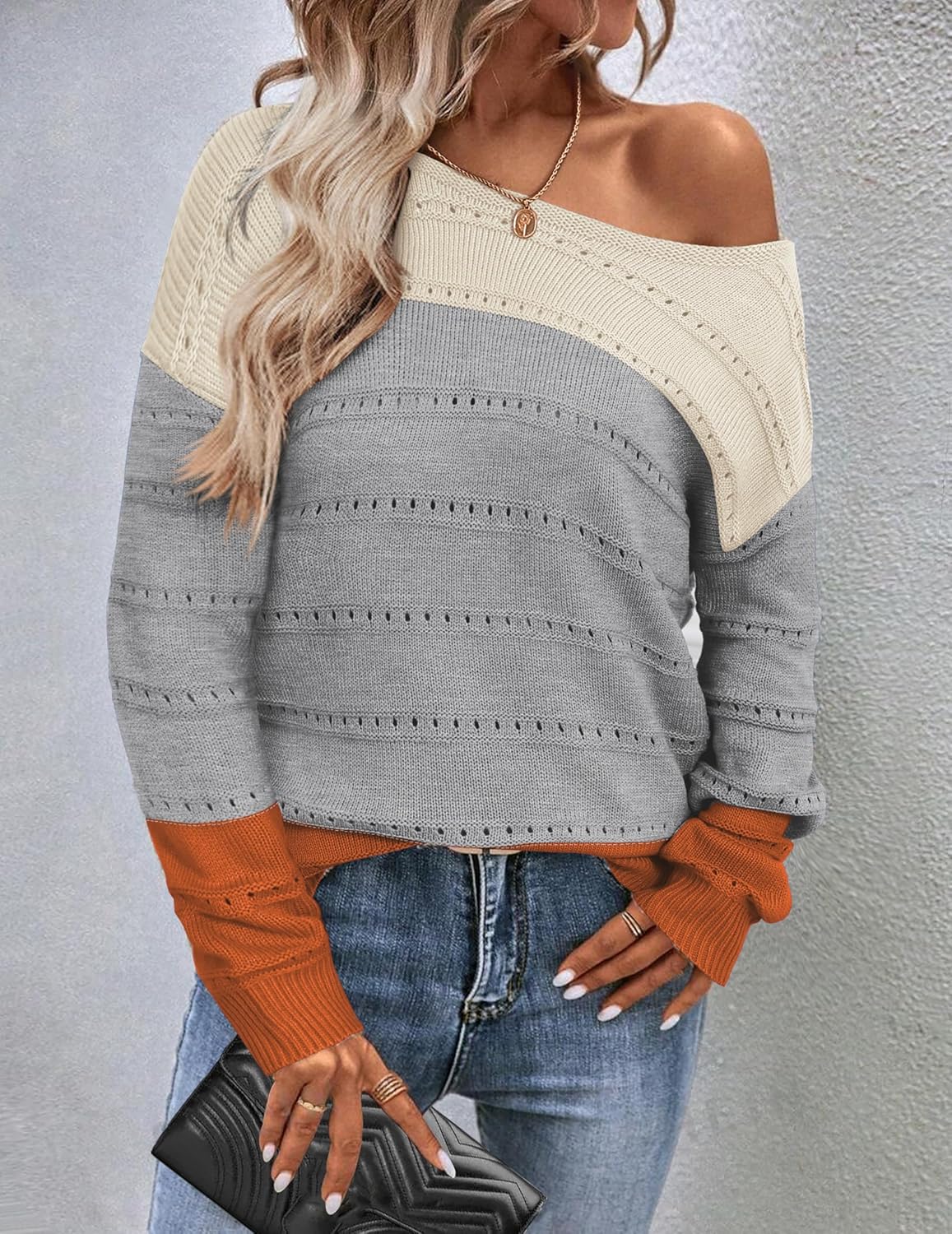 Zeagoo Womens Sweaters Cute Long Sleeve Off The Shoulder Pullover Tops Hollow Out Crochet Dressy Casual Outfits
