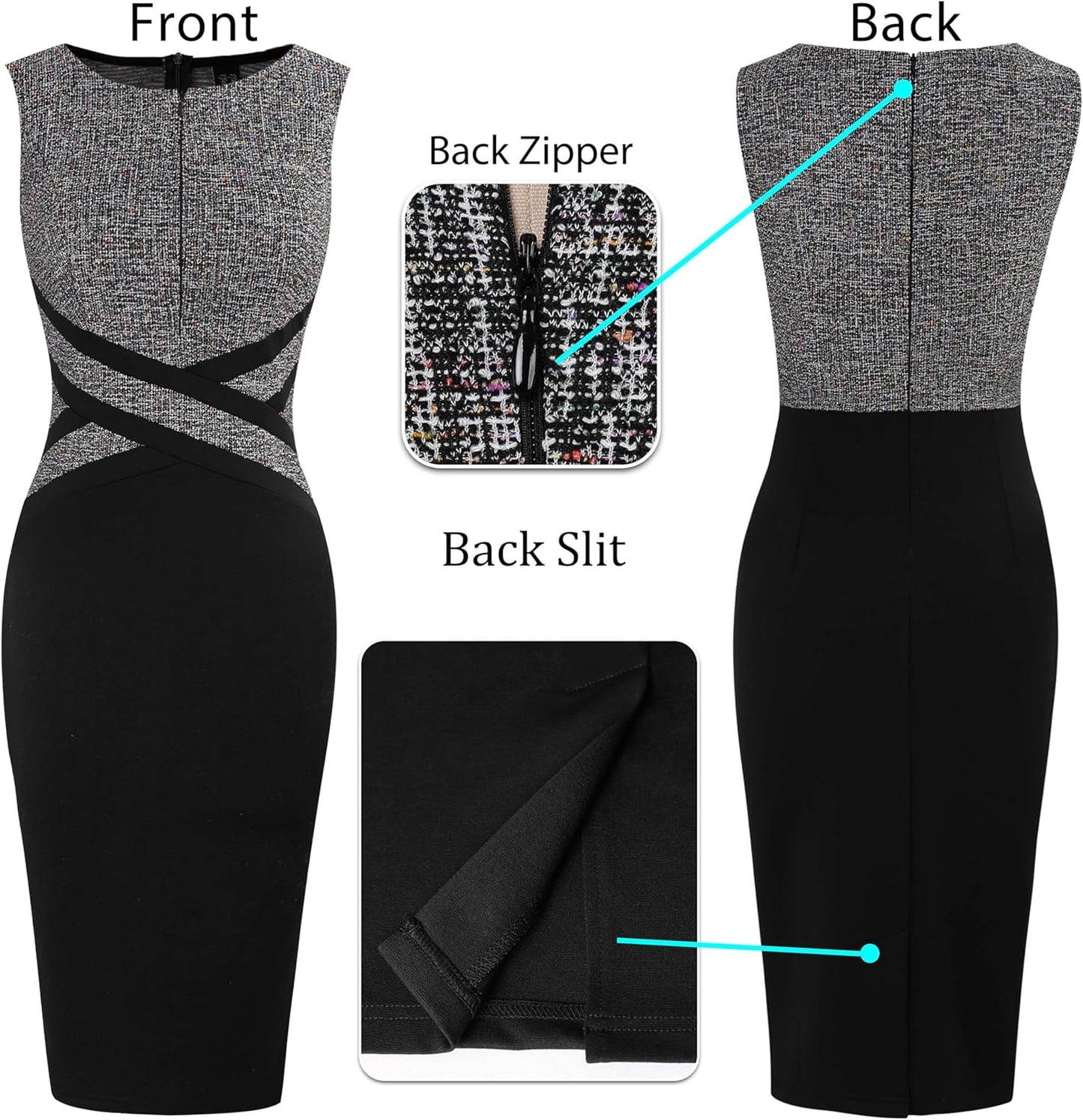 VFSHOW Womens Colorblock Patchwork Slim Front Zipper Work Business Office Party Bodycon Pencil Sheath Dress