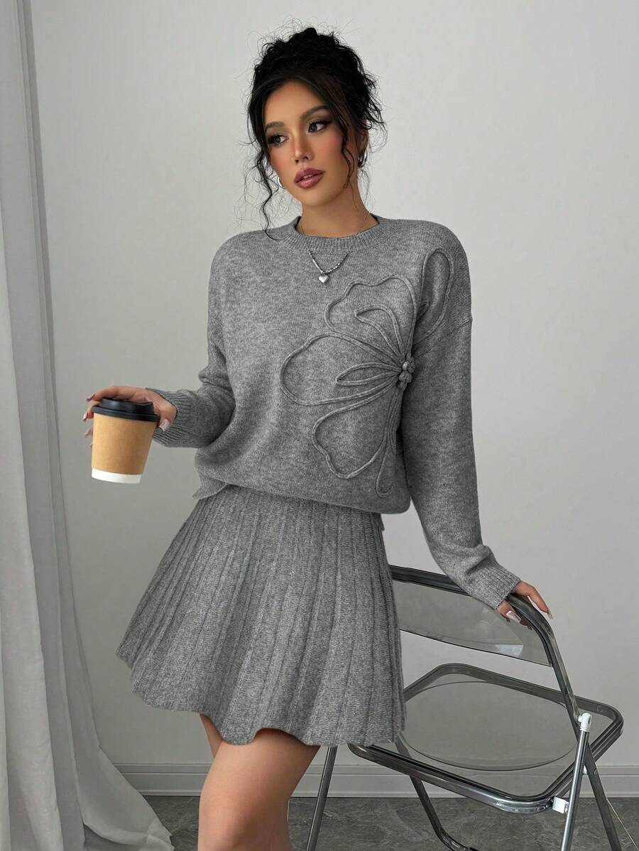 Embroidered Sweater & Pleated A-Line Skirt set