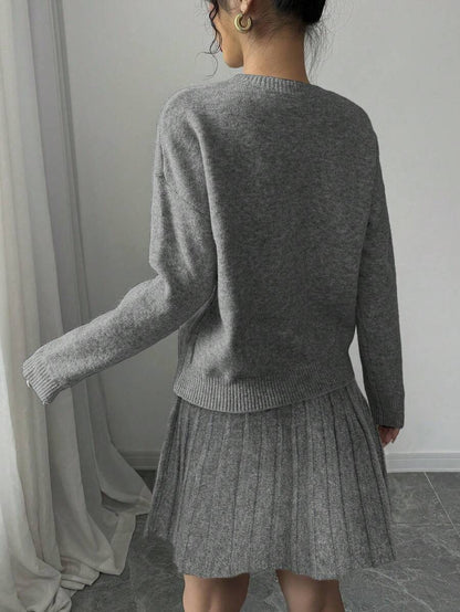 Embroidered Sweater & Pleated A-Line Skirt set