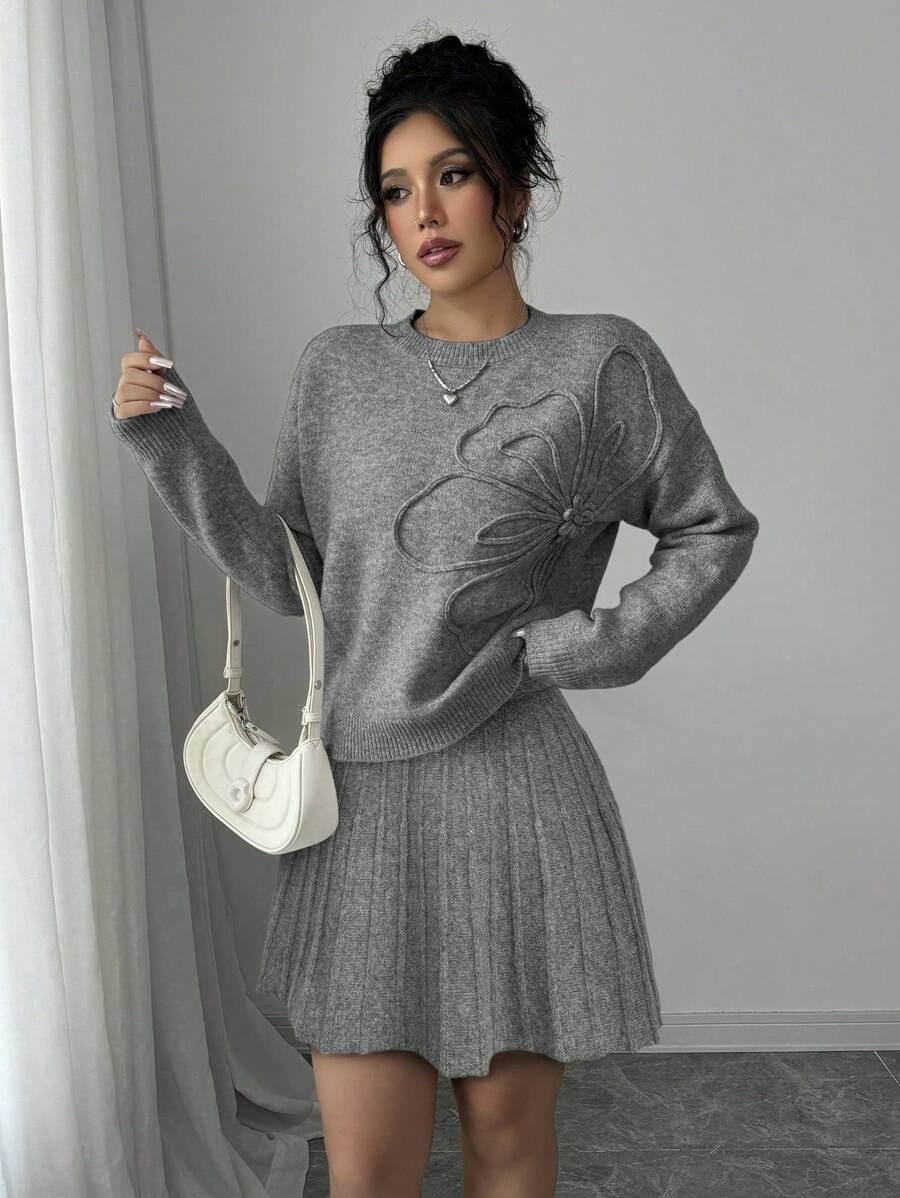 Embroidered Sweater & Pleated A-Line Skirt set