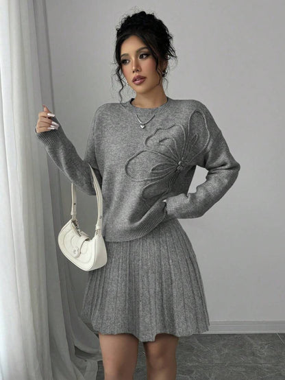 Embroidered Sweater & Pleated A-Line Skirt set