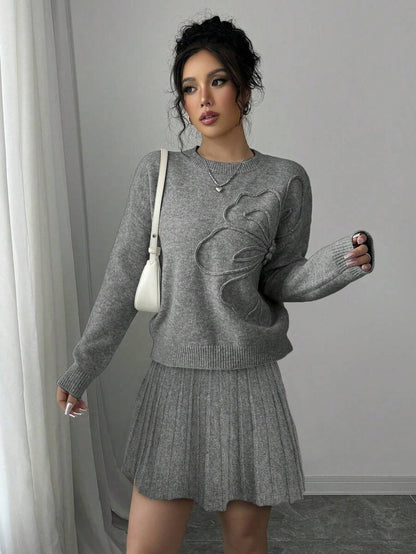 Embroidered Sweater & Pleated A-Line Skirt set