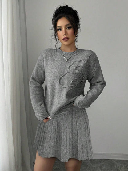 Embroidered Sweater & Pleated A-Line Skirt set