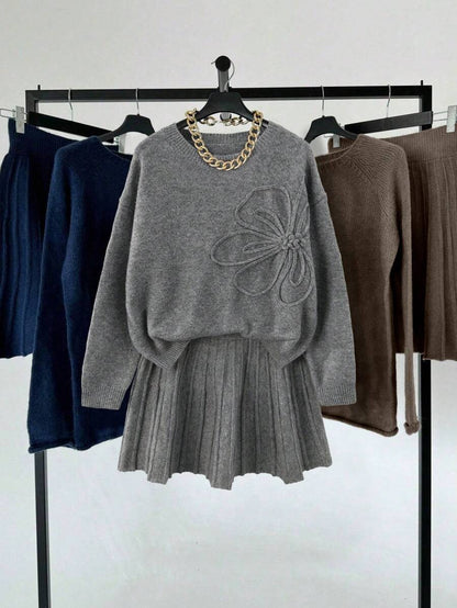 Embroidered Sweater & Pleated A-Line Skirt set