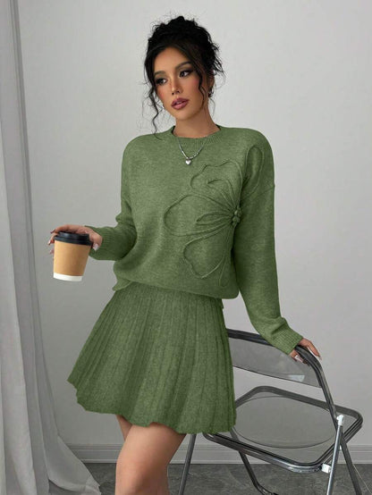 Embroidered Sweater & Pleated A-Line Skirt set
