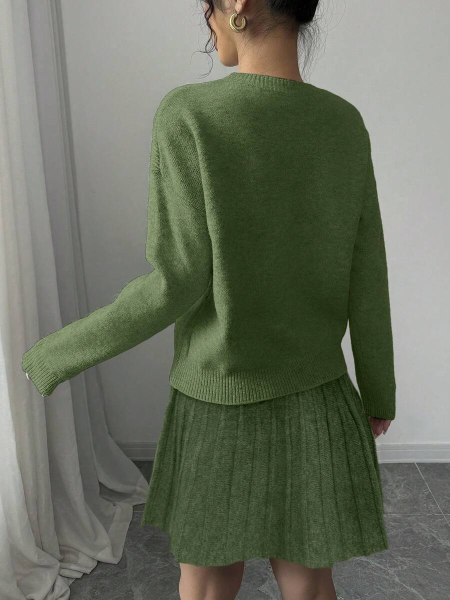 Embroidered Sweater & Pleated A-Line Skirt set