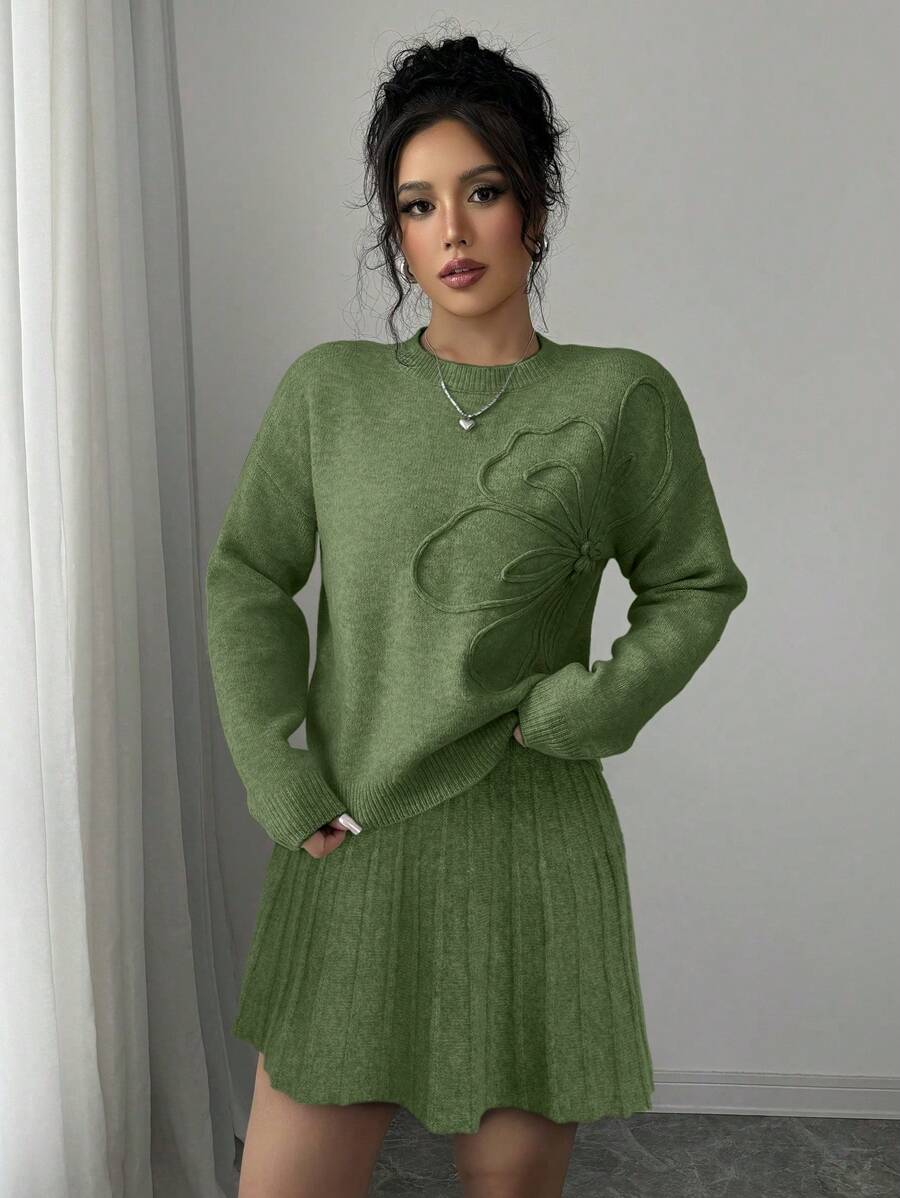 Embroidered Sweater & Pleated A-Line Skirt set