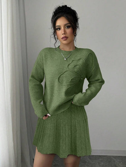 Embroidered Sweater & Pleated A-Line Skirt set