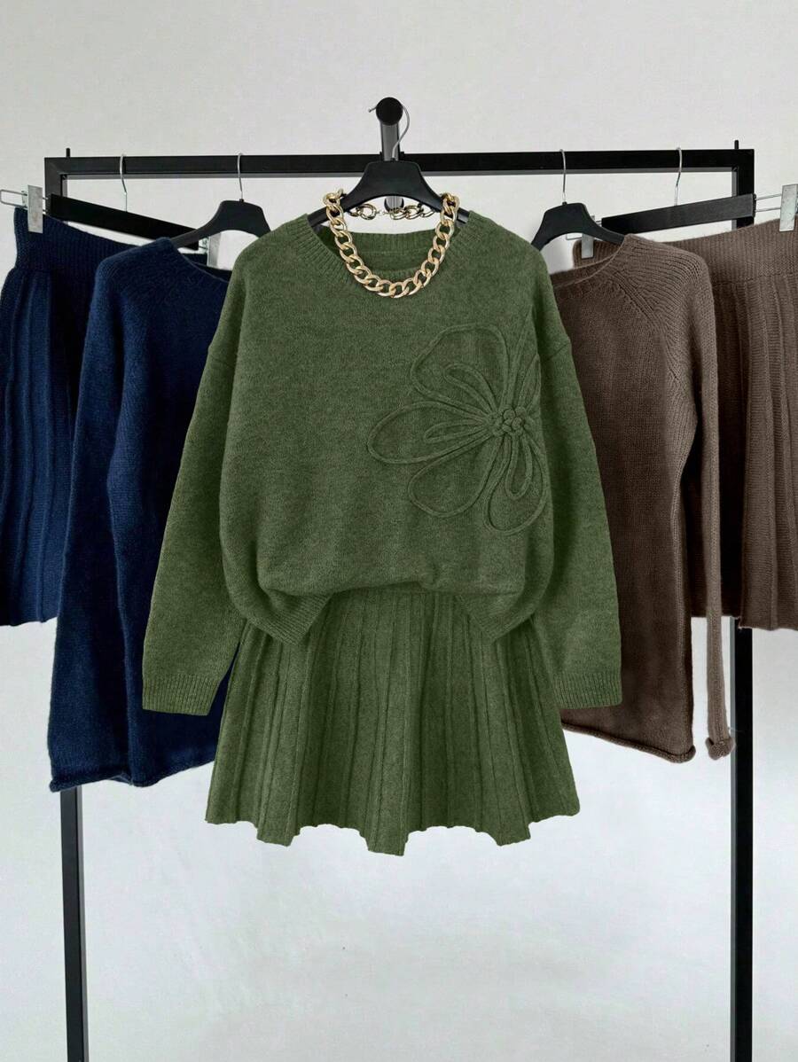 Embroidered Sweater & Pleated A-Line Skirt set