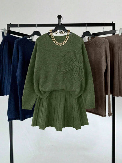 Embroidered Sweater & Pleated A-Line Skirt set