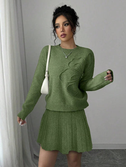 Embroidered Sweater & Pleated A-Line Skirt set