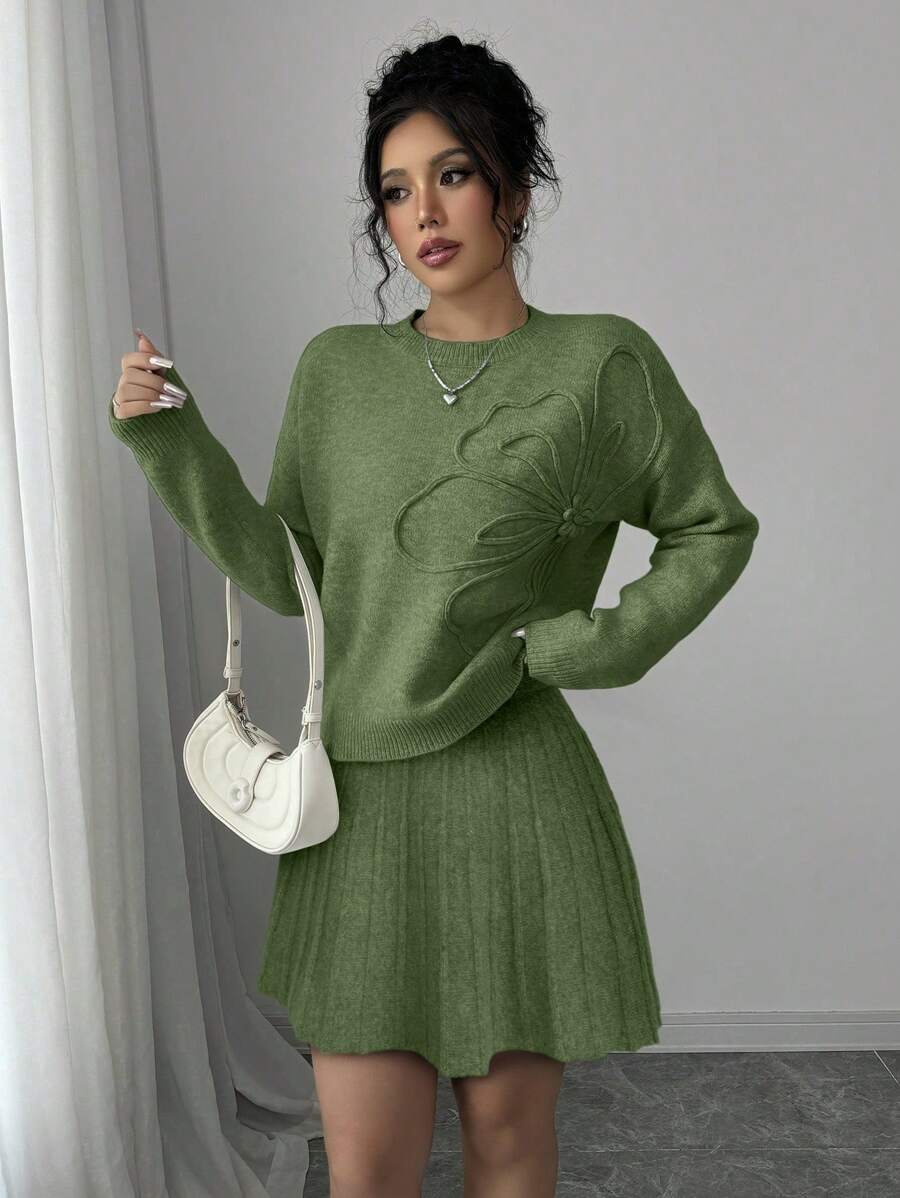 Embroidered Sweater & Pleated A-Line Skirt set