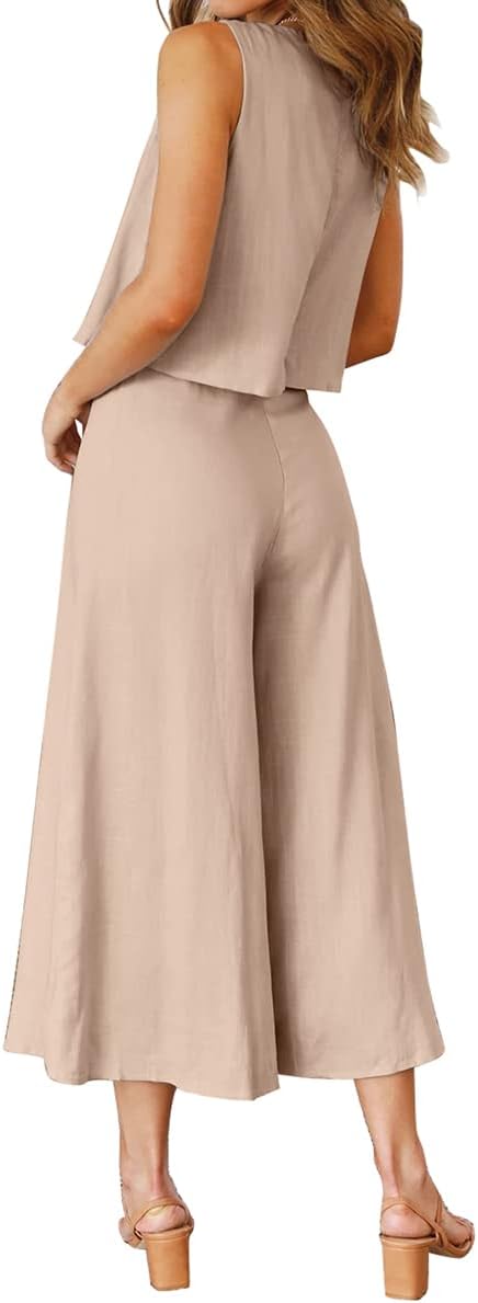 ROYLAMP Women's Summer 2 Piece Outfits Round neck Crop Basic Top Cropped Wide Leg pants Set Jumpsuits