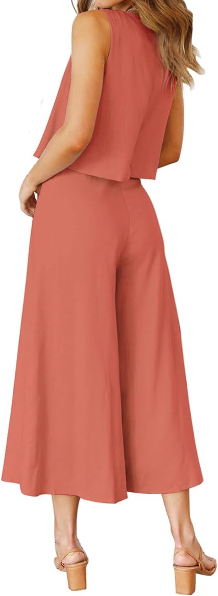 ROYLAMP Women's Summer 2 Piece Outfits Round neck Crop Basic Top Cropped Wide Leg pants Set Jumpsuits