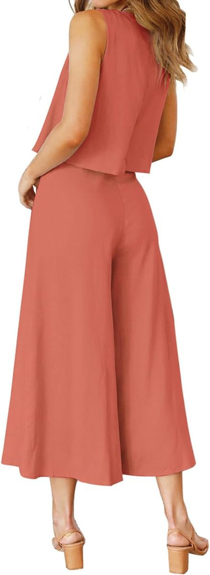 ROYLAMP Women's Summer 2 Piece Outfits Round neck Crop Basic Top Cropped Wide Leg pants Set Jumpsuits