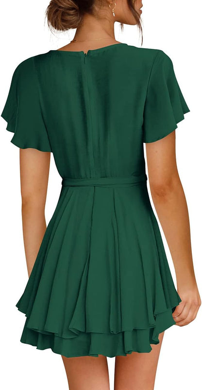 Cosonsen Women's Dress Deep V-Neck Long Sleeve Waist Tie Ruffle Mini Swing Skater Dresses