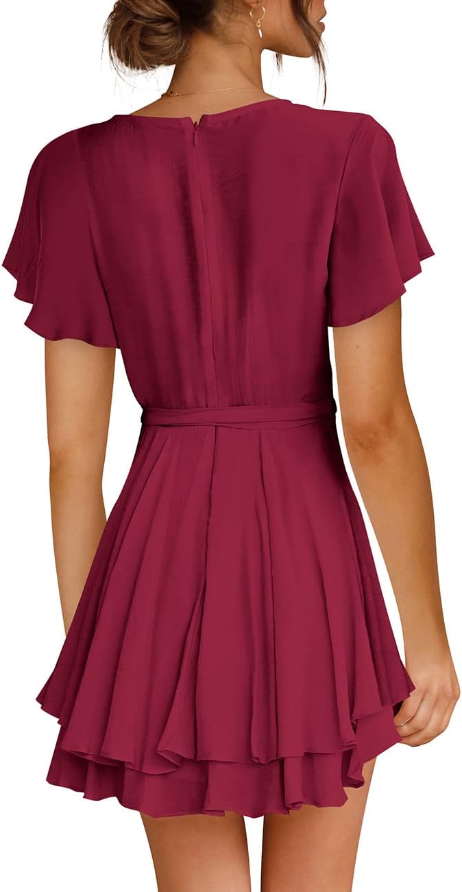 Cosonsen Women's Dress Deep V-Neck Long Sleeve Waist Tie Ruffle Mini Swing Skater Dresses