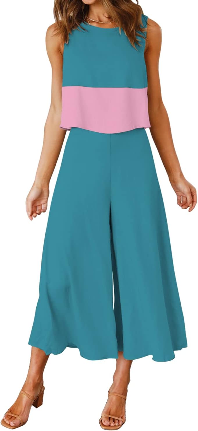 ROYLAMP Women's Summer 2 Piece Outfits Round neck Crop Basic Top Cropped Wide Leg pants Set Jumpsuits