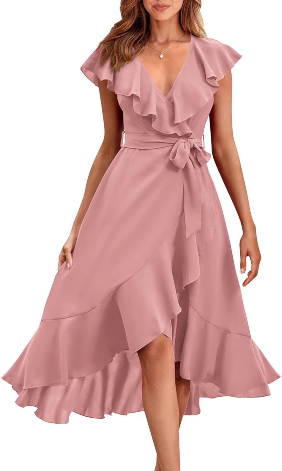 PRETTYGARDEN Women's 2025 Summer Cross Midi Dress Casual Boho Deep V Neck Short Sleeve Ruffle Hem Split Beach Long Dresses