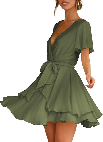 Cosonsen Women's Dress Deep V-Neck Long Sleeve Waist Tie Ruffle Mini Swing Skater Dresses