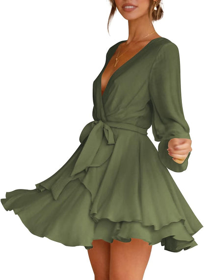 Cosonsen Women's Dress Deep V-Neck Long Sleeve Waist Tie Ruffle Mini Swing Skater Dresses