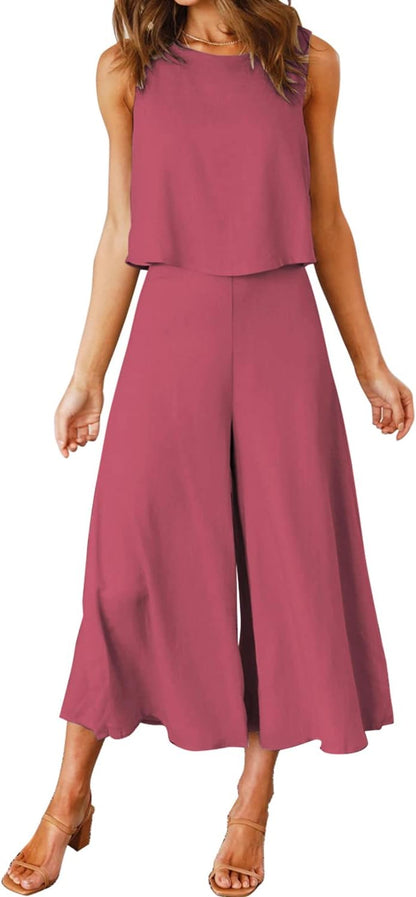 ROYLAMP Women's Summer 2 Piece Outfits Round neck Crop Basic Top Cropped Wide Leg pants Set Jumpsuits