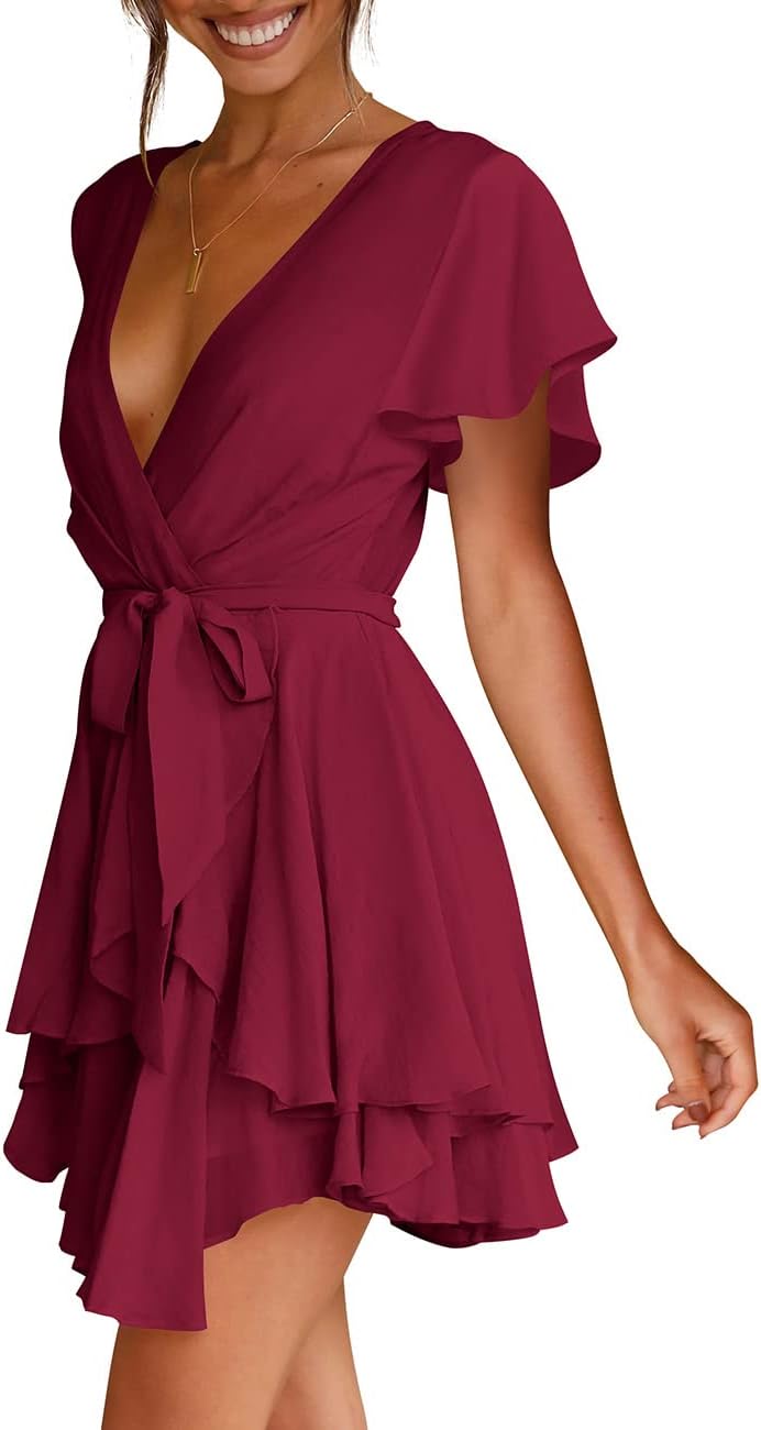 Cosonsen Women's Dress Deep V-Neck Long Sleeve Waist Tie Ruffle Mini Swing Skater Dresses