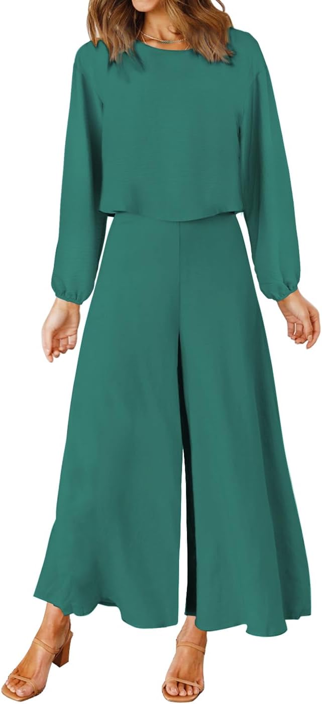 ROYLAMP Women's Summer 2 Piece Outfits Round neck Crop Basic Top Cropped Wide Leg pants Set Jumpsuits