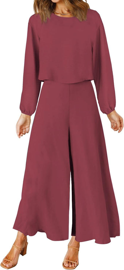 ROYLAMP Women's Summer 2 Piece Outfits Round neck Crop Basic Top Cropped Wide Leg pants Set Jumpsuits