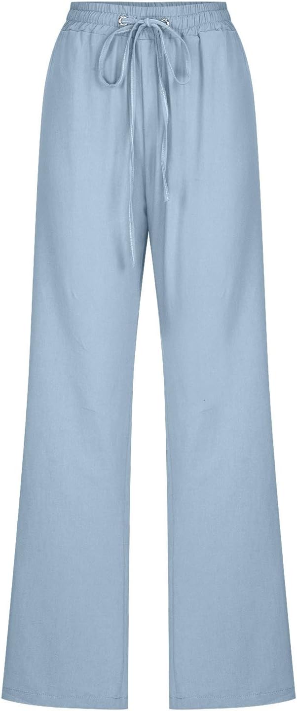 Linen Pants Women Fall Fashion High Waisted Cotton Pants Ladies Casual Plus Size Loose Fit Wide Leg Lounge Trousers