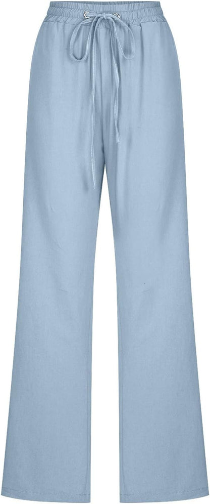 Linen Pants Women Fall Fashion High Waisted Cotton Pants Ladies Casual Plus Size Loose Fit Wide Leg Lounge Trousers