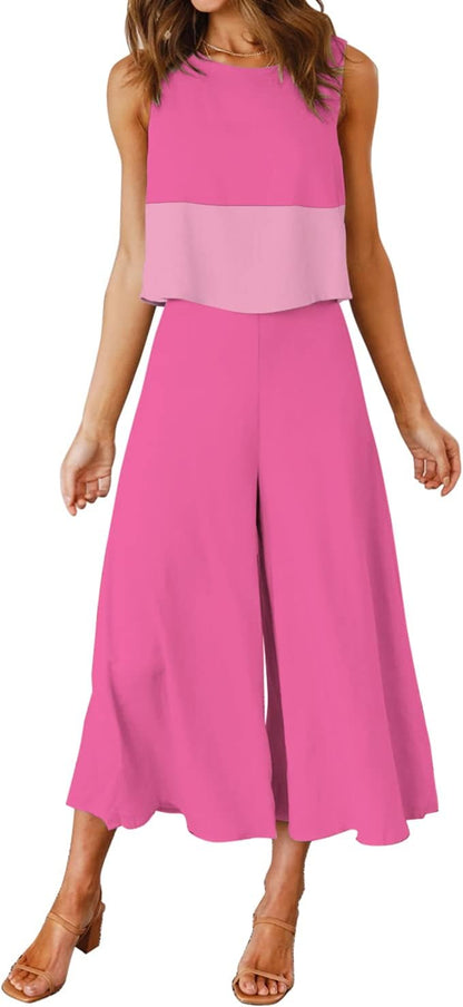 ROYLAMP Women's Summer 2 Piece Outfits Round neck Crop Basic Top Cropped Wide Leg pants Set Jumpsuits
