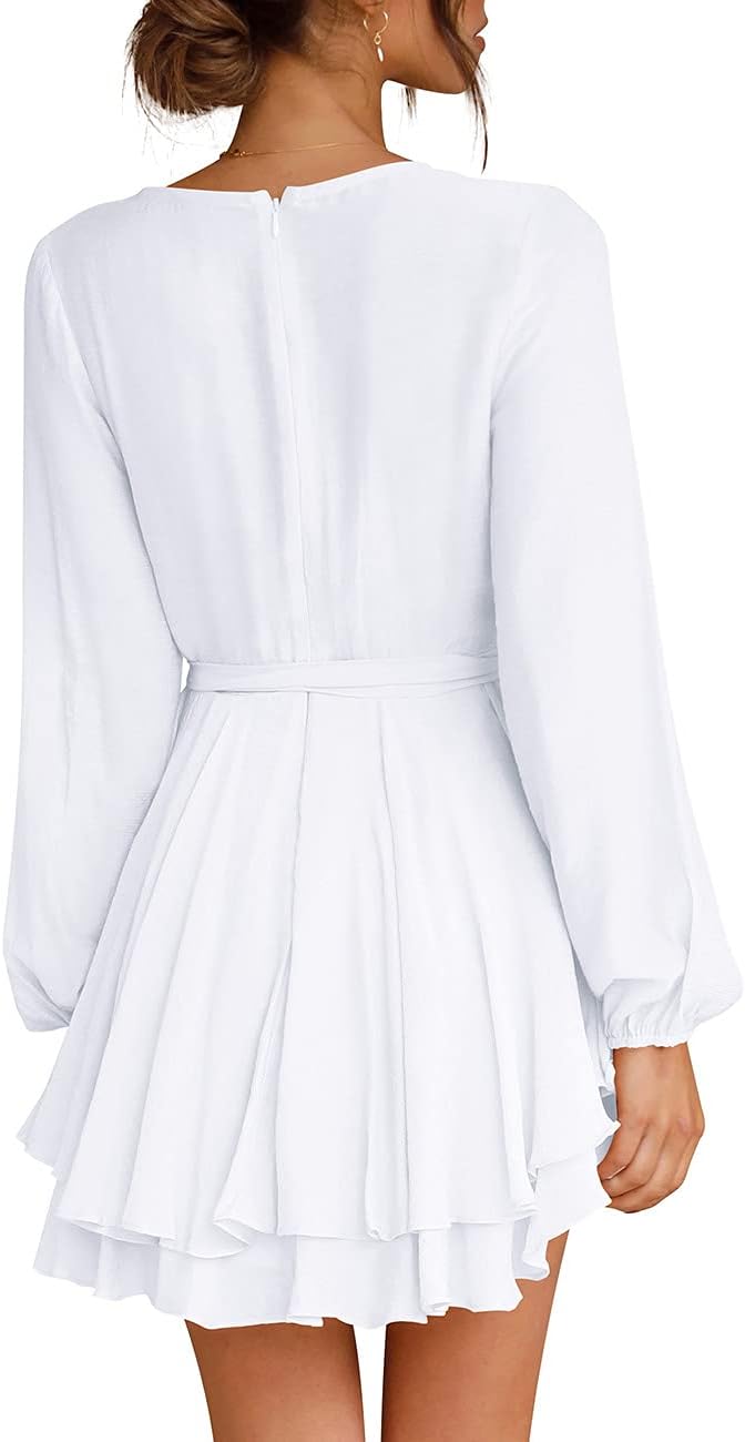Cosonsen Women's Dress Deep V-Neck Long Sleeve Waist Tie Ruffle Mini Swing Skater Dresses