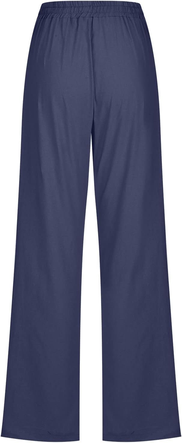 Linen Pants Women Fall Fashion High Waisted Cotton Pants Ladies Casual Plus Size Loose Fit Wide Leg Lounge Trousers