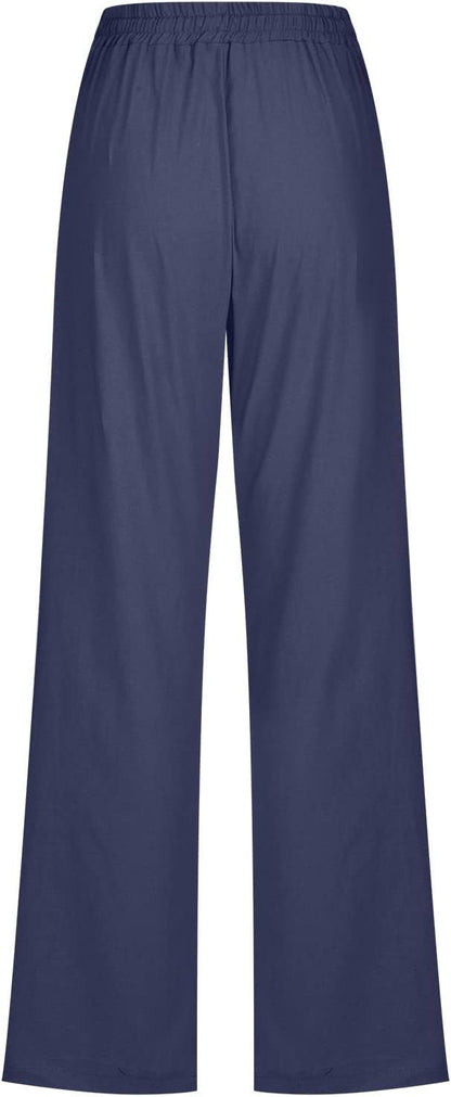 Linen Pants Women Fall Fashion High Waisted Cotton Pants Ladies Casual Plus Size Loose Fit Wide Leg Lounge Trousers