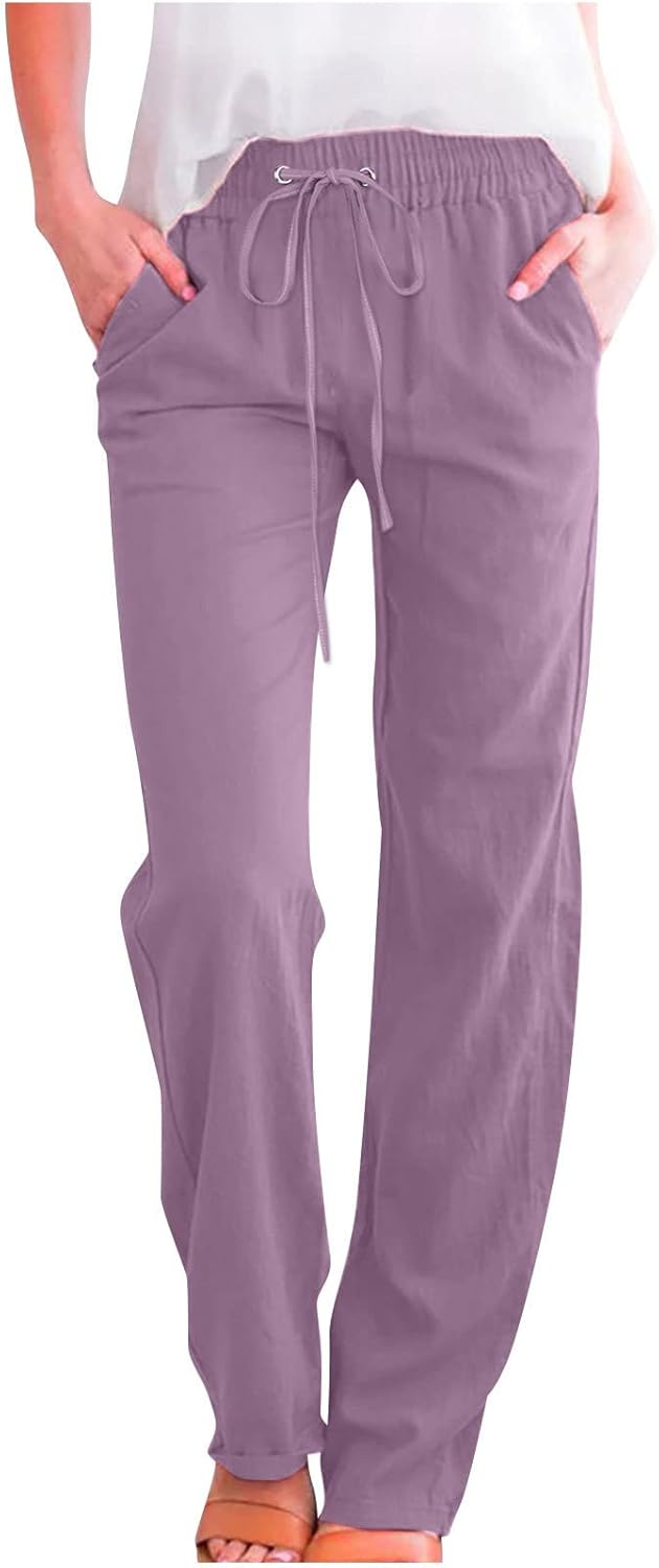Linen Pants Women Fall Fashion High Waisted Cotton Pants Ladies Casual Plus Size Loose Fit Wide Leg Lounge Trousers