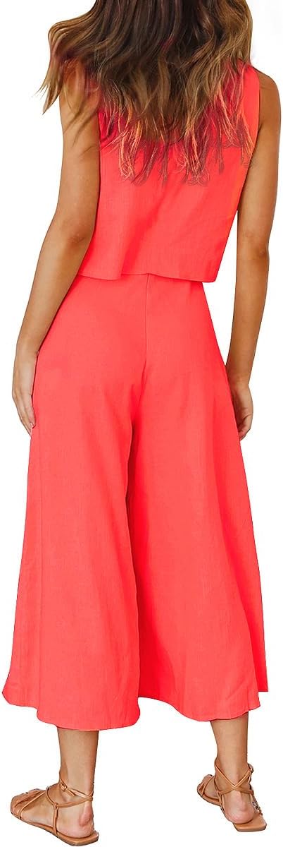 ROYLAMP Women's Summer 2 Piece Outfits Round neck Crop Basic Top Cropped Wide Leg pants Set Jumpsuits