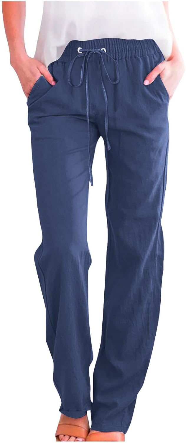 Linen Pants Women Fall Fashion High Waisted Cotton Pants Ladies Casual Plus Size Loose Fit Wide Leg Lounge Trousers