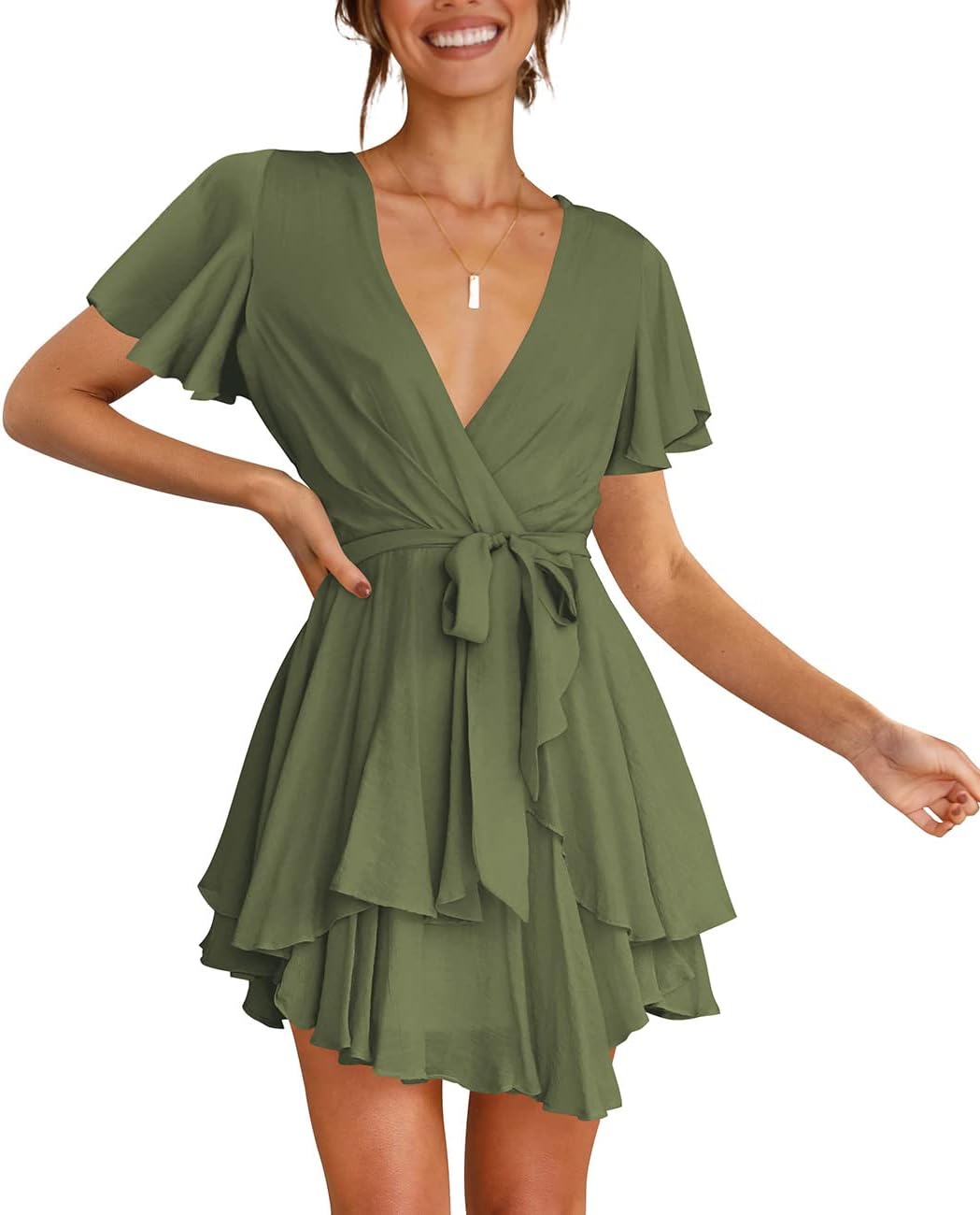Cosonsen Women's Dress Deep V-Neck Long Sleeve Waist Tie Ruffle Mini Swing Skater Dresses