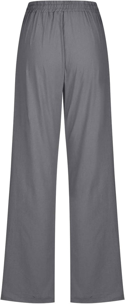 Linen Pants Women Fall Fashion High Waisted Cotton Pants Ladies Casual Plus Size Loose Fit Wide Leg Lounge Trousers